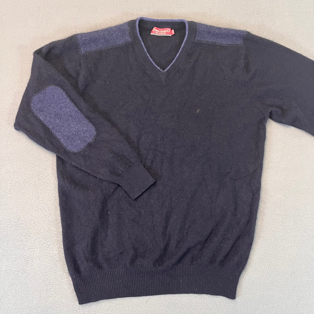 Spring Bamboo Men's V Neck Cashmere 120 Sweatshirt‎ Blue Size L Elbow Patches